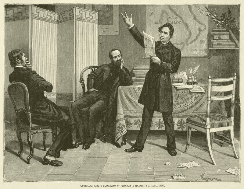 Guerrazzi lisant le siège de Florence à Mazzini et Carlo Bini (gravure) - Italian School