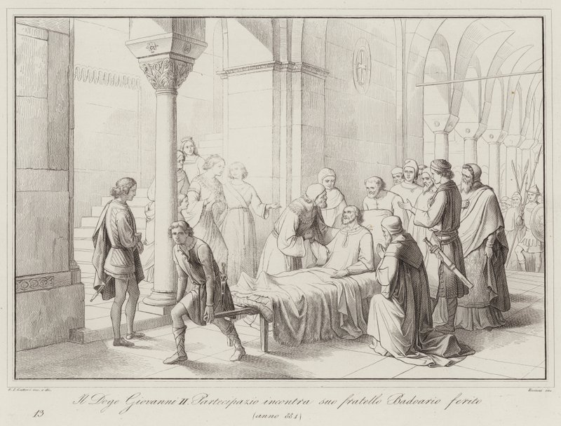 Le Doge Giovanni II Partecipazio rencontre son frère Badoario blessé, 884 (gravure) - Italian School