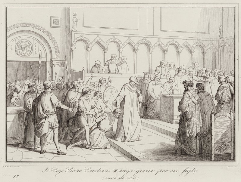 Il Doge Pietro Candiano III prie pour la grâce de son fils, 958 - Italian School