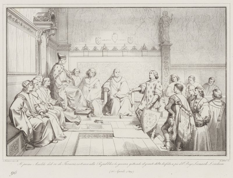 Le premier héraut du roi de France annonce la guerre à la République en jetant le gant (gravure) - Italian School