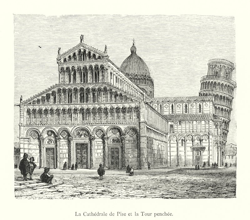 La Cathédrale de Pise et la Tour penchée (gravure) - Italian School