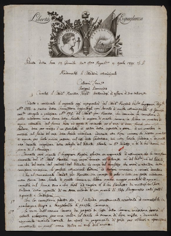 Lettre en italien, avec une représentation de la tête de Brutus le Jeune, une main brûlante représentant Gaius Mucius Scaevola, et la devise de la Révolution française - Italian School