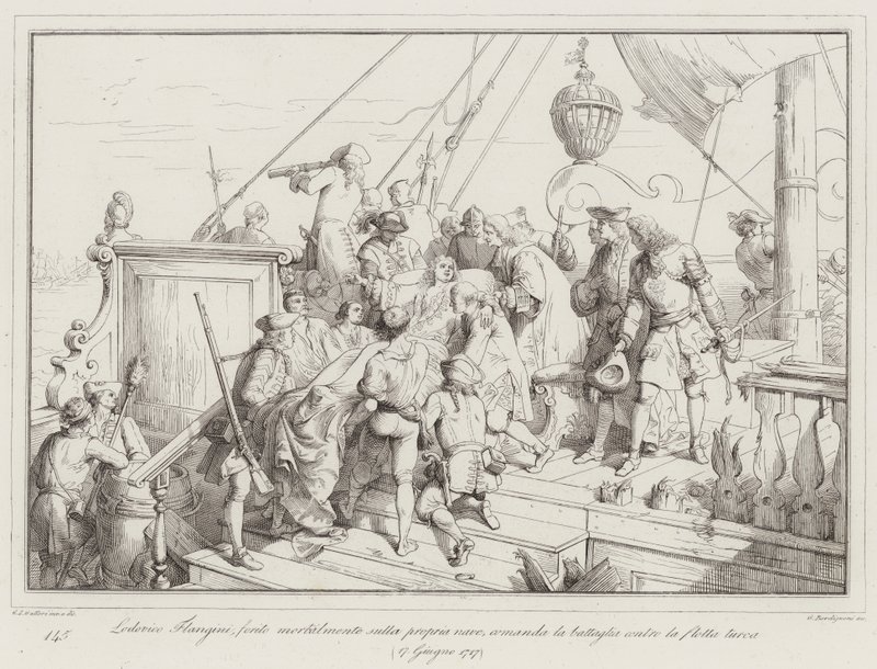 Lodovico Flangini, mortellement blessé sur son propre navire, commande la bataille contre la flotte turque - Italian School