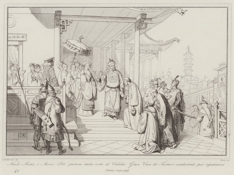 Nicolo Matteo et Marco Polo quittent la cour de Kubilai Khan des Tartares occidentaux pour rentrer chez eux - Italian School