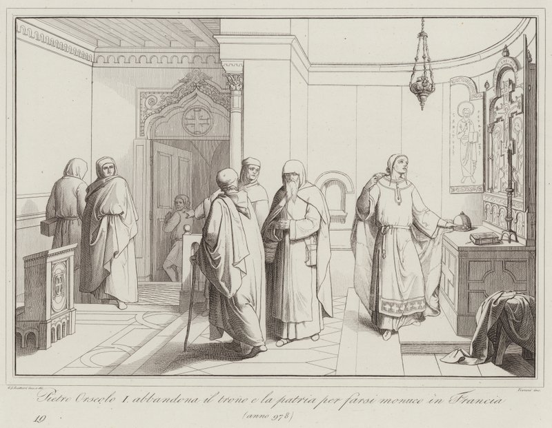 Pietro Orseolo I abandonne le trône et la patrie pour devenir moine en France, 978 (gravure) - Italian School