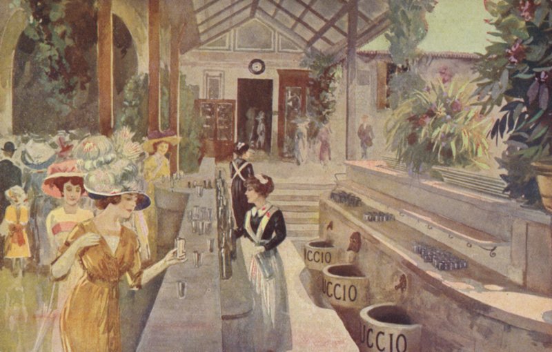 Carte postale représentant des femmes au bar de Tettuccio, Bagni di Montecatini (lithographie couleur) - Italian School