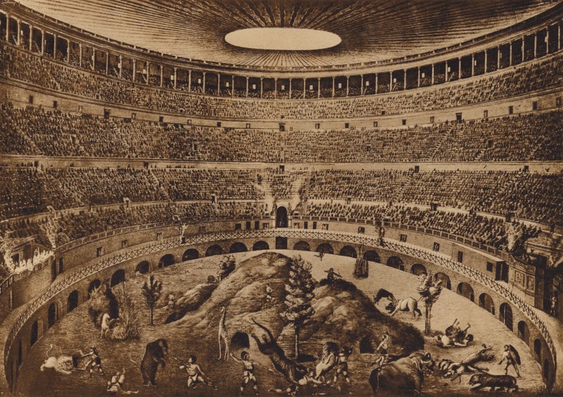 Roma / Rome : Intérieur du Colisée, La chasse aux foires, reconstitution historique (litho) - Italian School