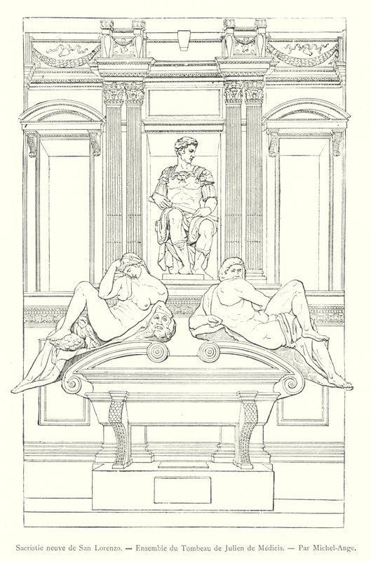 Sacristie neuve de San Lorenzo, Ensemble du Tombeau de Julien de Médicis, Par Michel-Ange (gravure) - Italian School