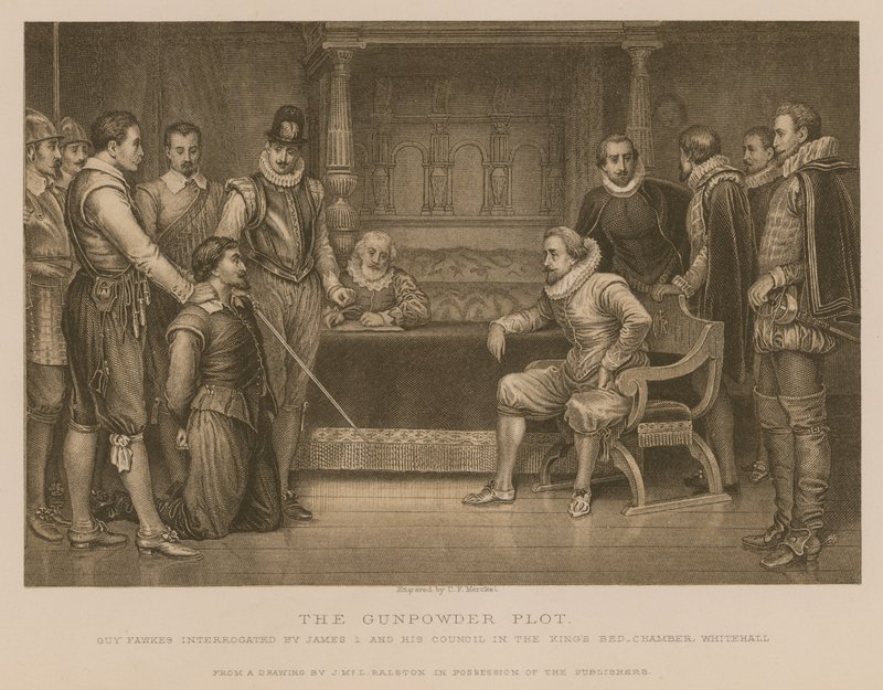 Le Complot de la Poudre; Guy Fawkes interrogé par le roi Jacques Ier et son conseil dans la chambre du roi, Whitehall - J.M.L. Ralston