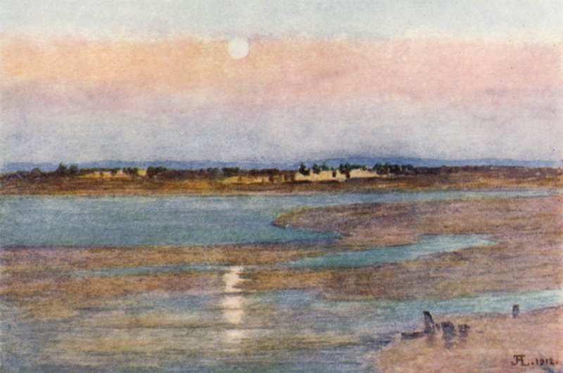 Lever de lune au coucher du soleil, de La Croix Blanche, Mont St Michel - J. Hardwicke Lewis
