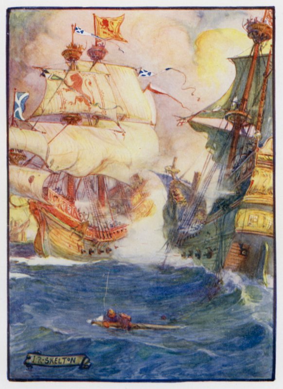 Le capitaine naval écossais Sir Andrew Wood de Largo et ses deux navires le Yellow Carvel et le Flower, battant quatre navires anglais au large de Dunbar, 1489 - J. R. Skelton