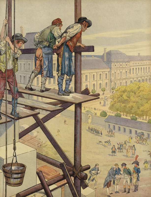 Les ouvriers du bâtiment regardent en bas depuis l