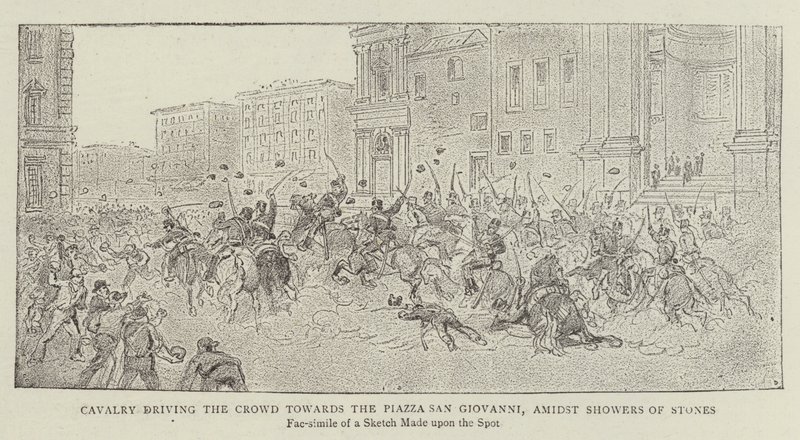 Cavalerie repoussant la foule vers la Piazza San Giovanni, sous des averses de pierres - James A. Shearman
