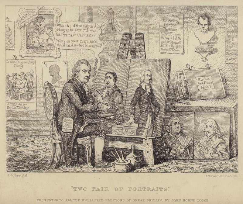 Deux paires de portraits : caricature anti-Whig représentant John Henry Tooke avec des portraits de Charles James Fox personnifiant le vice et William Pitt le Jeune représentant la vertu - James (after) Gillray