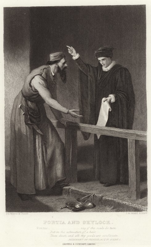 Portia et Shylock, Le Marchand de Venise, Acte IV, Scène I - James Dawson Watson
