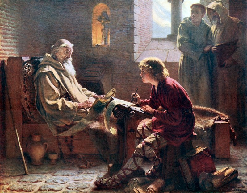 Le Vénérable Bède traduisant le dernier chapitre de Saint Jean. Illustration de "An Outline of Christianity" édité par A S Peake et al (Waverley, vers 1910) - James Doyle Penrose