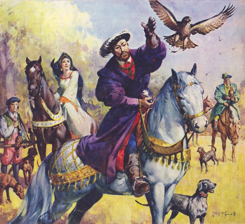 Le roi Henri VIII et Anne Boleyn à la chasse (lithographie couleur) - James Edwin McConnell