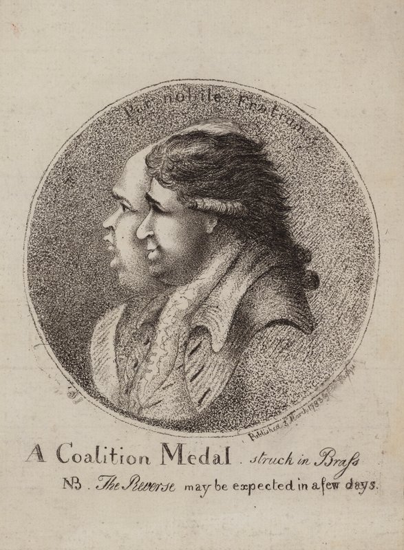 Médaille de coalition, frappée en laiton : satire sur la coalition des politiciens britanniques Lord North et Charles James Fox, 1783 - James Sayers