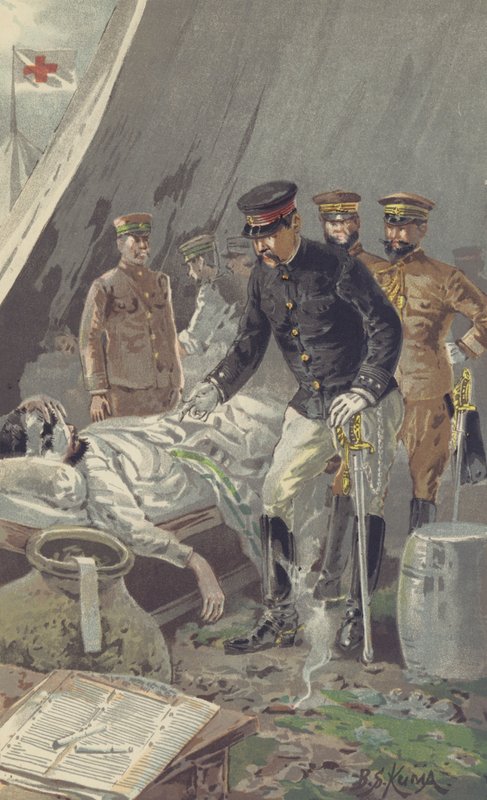Le Prince Général Fushimi consolant un Soldat Blessé après la Bataille Féroce de Nanshan - Japanese School