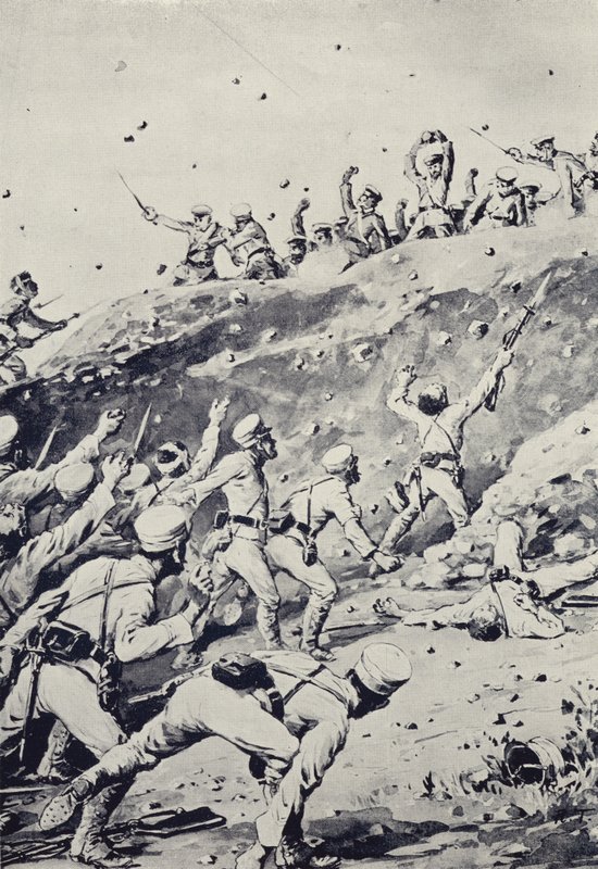 Soldats Russes jetant des Pierres depuis une Position sur le To-shan - Japanese School