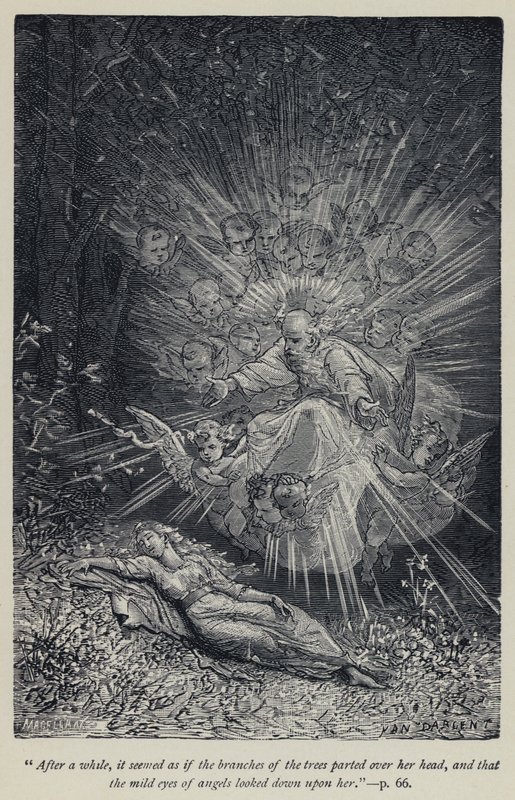"Après un moment, il sembla que les branches des arbres se séparaient au-dessus de sa tête, et que les doux yeux des anges la regardaient" (gravure) - Jean Edouard Dargent