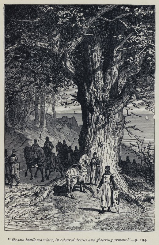 "Il vit des guerriers hostiles, en vêtements colorés et armures scintillantes" (gravure) - Jean Edouard Dargent