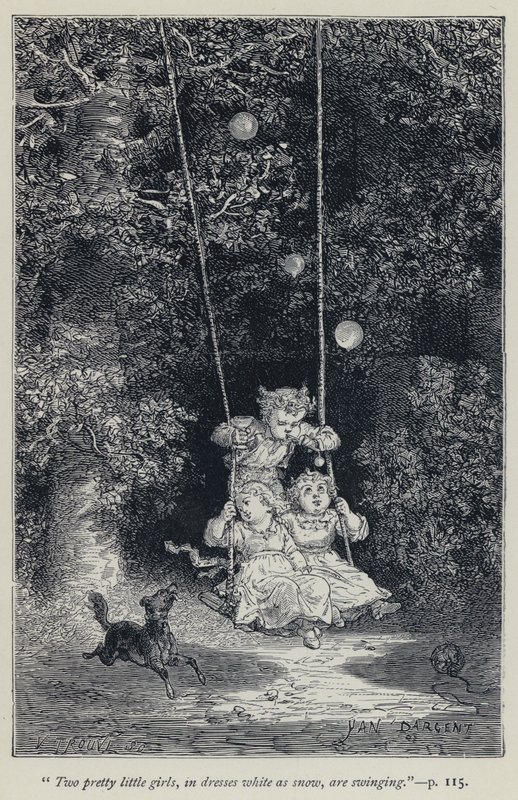"Deux jolies petites filles, en robes blanches comme neige, se balancent" (gravure) - Jean Edouard Dargent