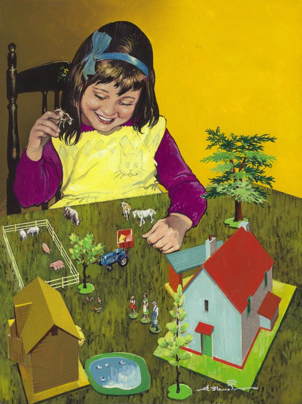 Fille avec une petite ferme (gouache sur papier) - Jesus Blasco
