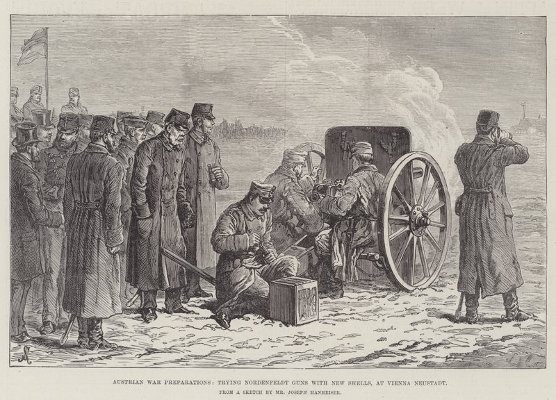 Préparations de guerre autrichiennes, essai des canons Nordenfeldt avec de nouveaux obus, à Vienne Neustadt - Johann Nepomuk Schonberg