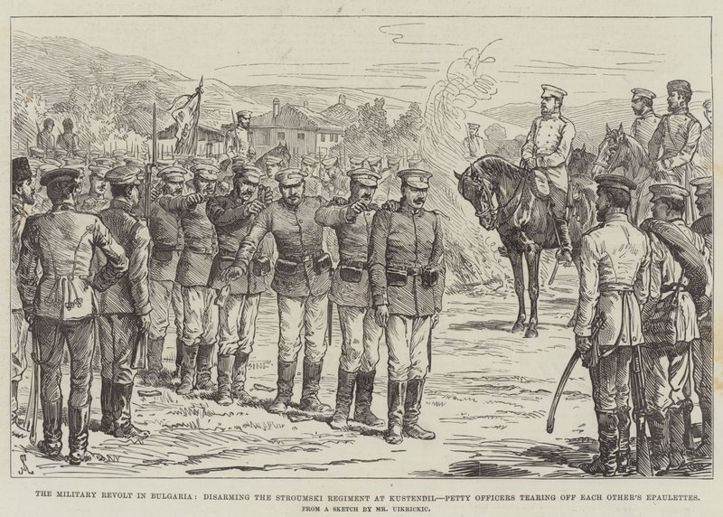 La Révolte militaire en Bulgarie, désarmant le régiment Stroumski à Kustendil, les sous-officiers se déchirant les épaulettes - Johann Nepomuk Schonberg