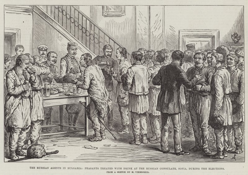Les agents russes en Bulgarie, paysans traités avec boisson au consulat russe, Sofia, pendant les élections - Johann Nepomuk Schonberg