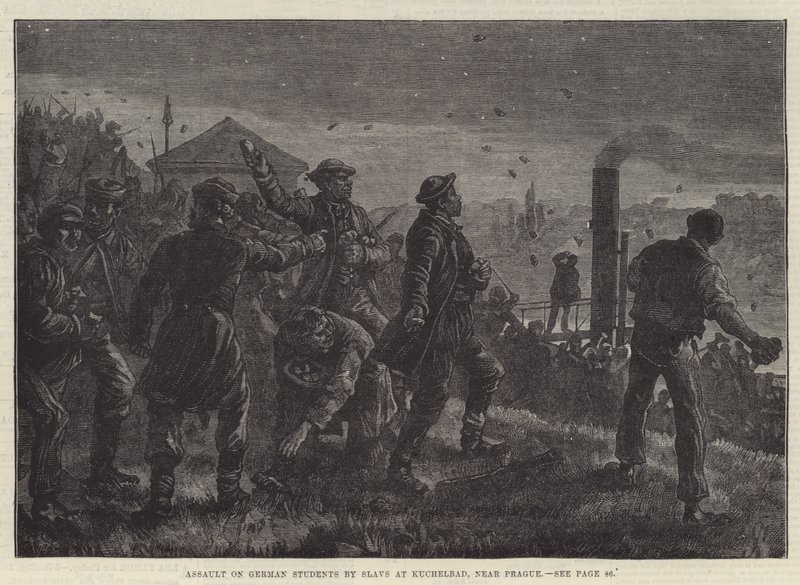 Assaut sur des étudiants allemands par des Slaves à Kuchelbad, près de Prague (gravure) - Johann Nepomuk (after) Schonberg