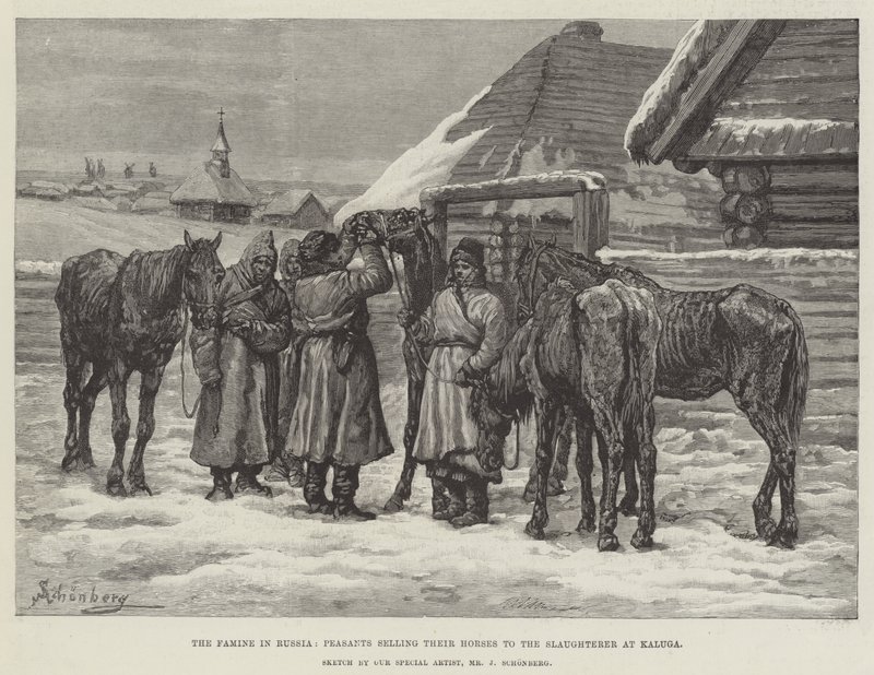 La Famine en Russie, Paysans vendant leurs chevaux au boucher à Kaluga - Johann Nepomuk Schonberg