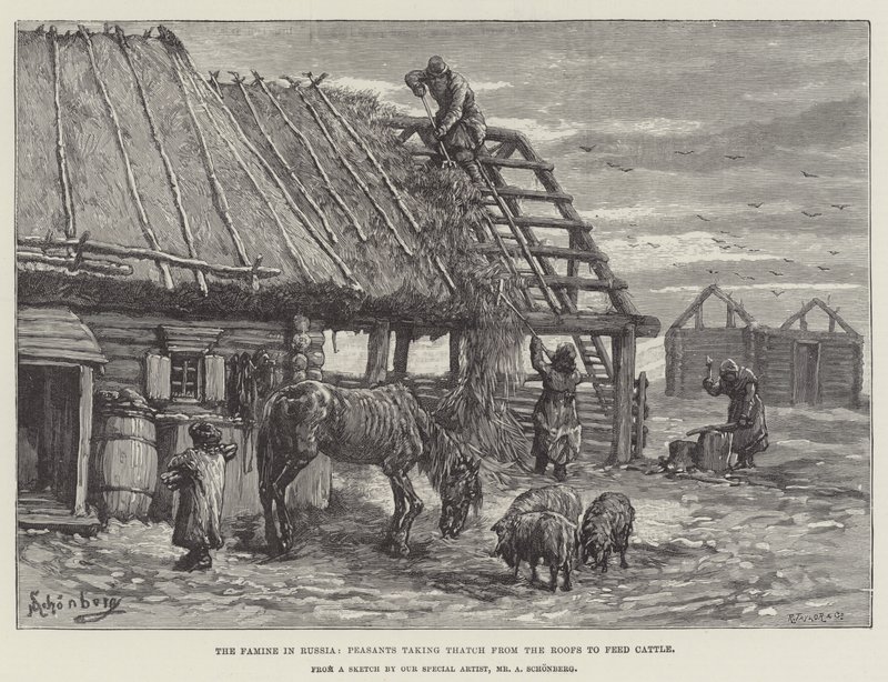 La famine en Russie, paysans prenant du chaume des toits pour nourrir le bétail - Johann Nepomuk Schonberg
