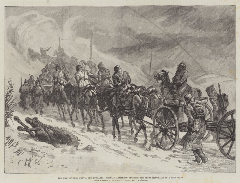 La guerre entre la Serbie et la Bulgarie, artillerie serbe traversant les montagnes de Ploca sous une tempête de neige - Johann Nepomuk Schonberg