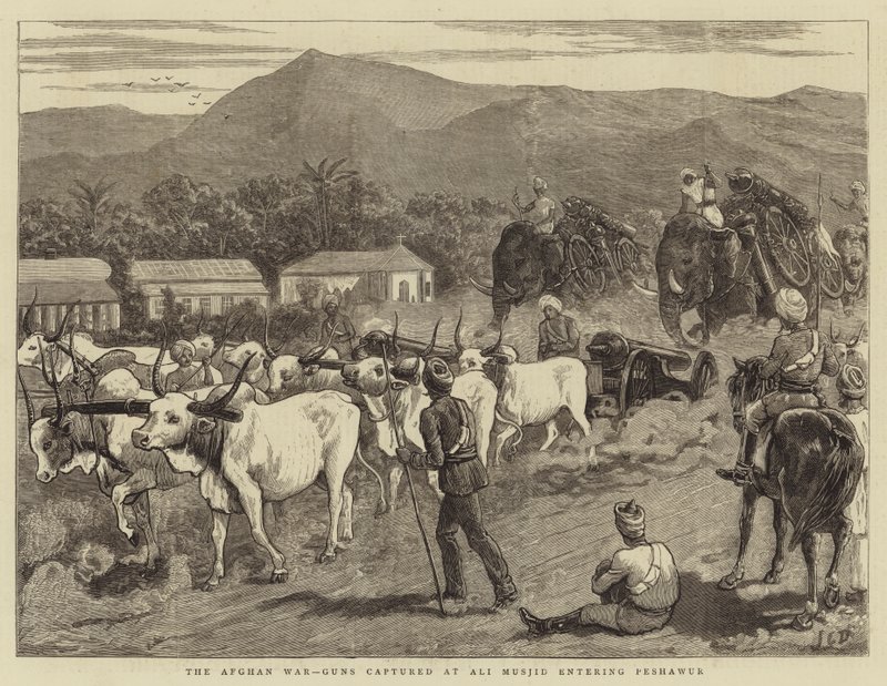 La guerre afghane, canons capturés à Ali Musjid entrant à Peshawur - John Charles Dollman