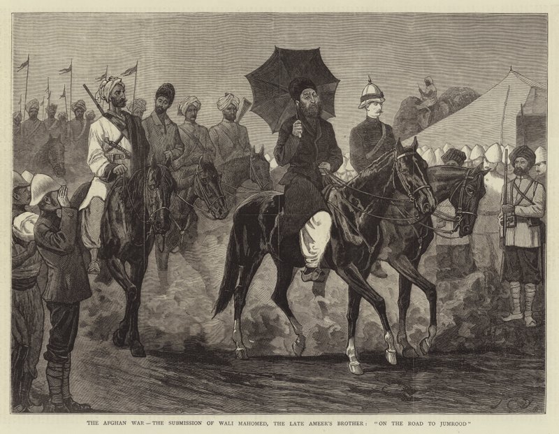 La guerre afghane, la soumission de Wali Mahomed, le frère du défunt émir, sur la route de Jumrood - John Charles Dollman