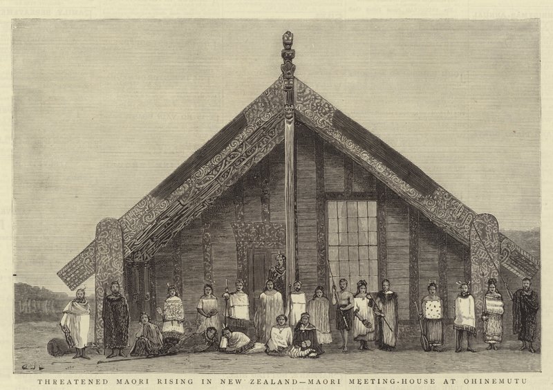 Menace de soulèvement maori en Nouvelle-Zélande, maison de réunion maorie à Ohinemutu - John Charles Dollman