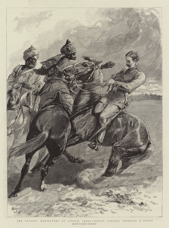 Les manœuvres de cavalerie à Attock, Inde, cavalerie indigène arrêtant un éclaireur - John Charlton