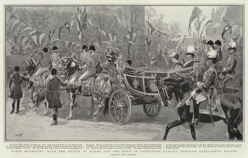 Leurs Majestés, avec le Prince de Galles et le Duc de Connaught, passant par Parliament Square - John Charlton