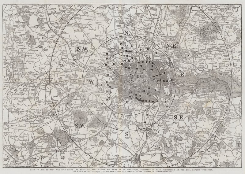 Copie de la carte montrant les barrières de péage et les principales barrières dans un rayon de six miles de Charing-Cross, présentée à Lord Palmerston par le Comité de réforme des péages - John Dower