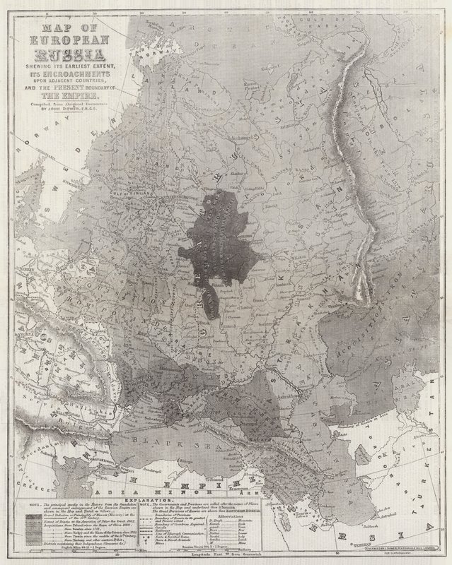 Carte de la Russie européenne montrant son étendue la plus ancienne, ses empiètements sur les pays adjacents et la frontière actuelle de l
