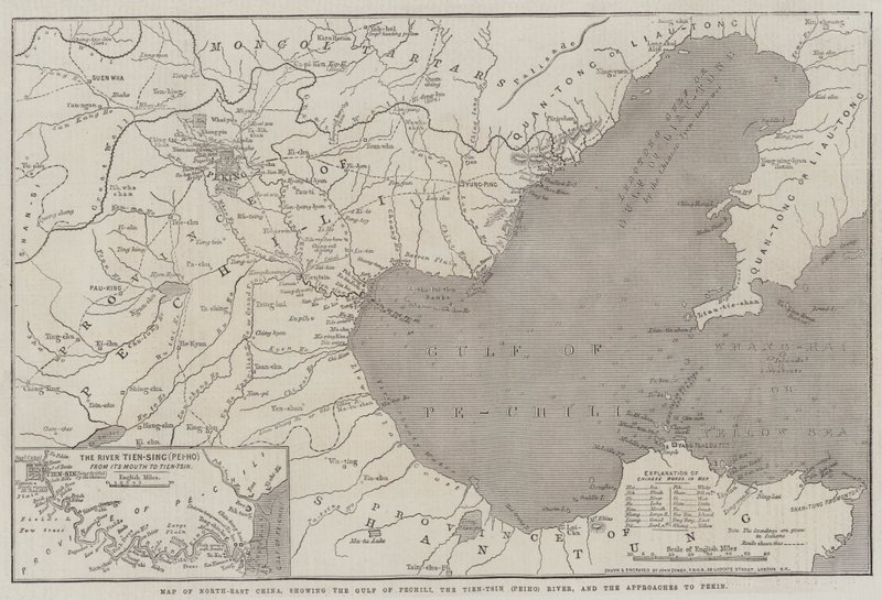 Carte du Nord-Est de la Chine, montrant le golfe de Pechili, la rivière Tien-Tsin (Peiho), et les approches de Pékin - John Dower