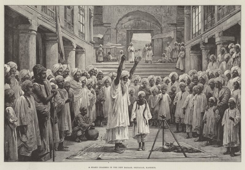Un charmeur de serpents dans le nouveau bazar, Srinagar, Cachemire - John Edward Goodall