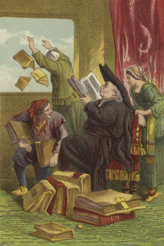 Destruction de la bibliothèque de Don Quichotte (chromolitho) - John Gilbert