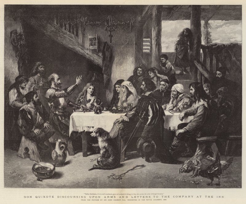 Don Quichotte discourant sur les armes et les lettres à la compagnie à l