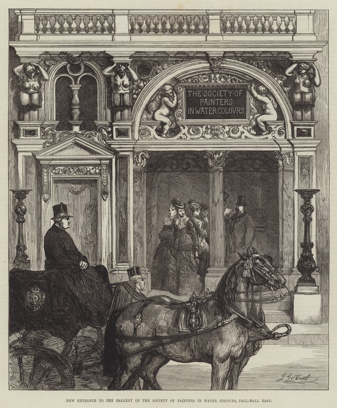Nouvelle Entrée de la Galerie de la Société des Peintres en Aquarelle, Pall-Mall East - John Gilbert