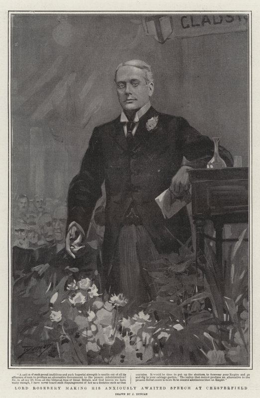 Lord Rosebery faisant son discours attendu avec impatience à Chesterfield - after John Duncan