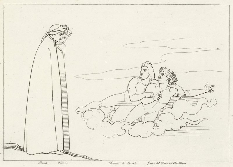 Une Conversation avec Guido Di Brettinoro, Purgatoire, Chant 14 (gravure) - John (after) Flaxman