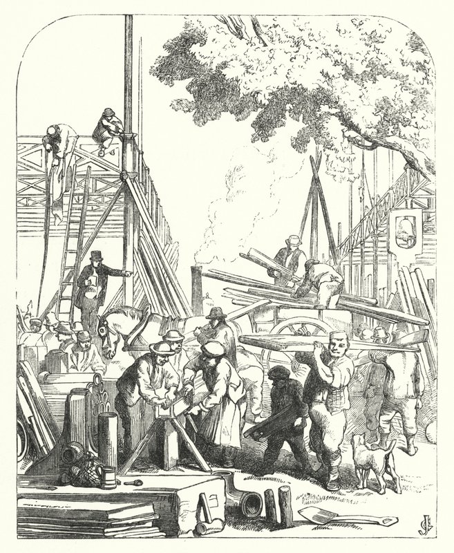 Ouvriers sur le site du Crystal Palace, Hyde Park, Londres, lieu de la Grande Exposition de 1851 - John (after) Gilbert